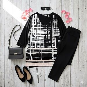 Chicos Tunic Top XL Sz 3 Abstract Sleeve Slinky Mature Stretch Artsy Black Pink